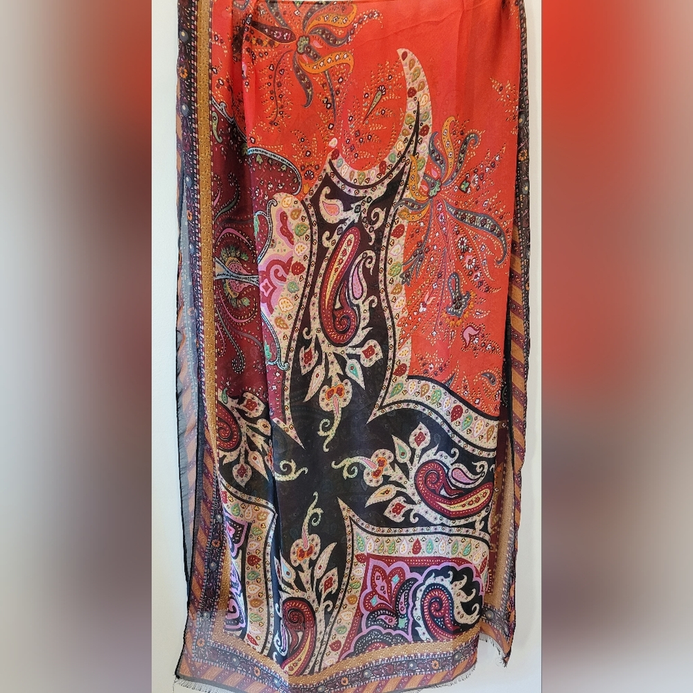 Etro Milano Italy Signature Paisley Multicolor 100 % Silk Scarf 70x24"